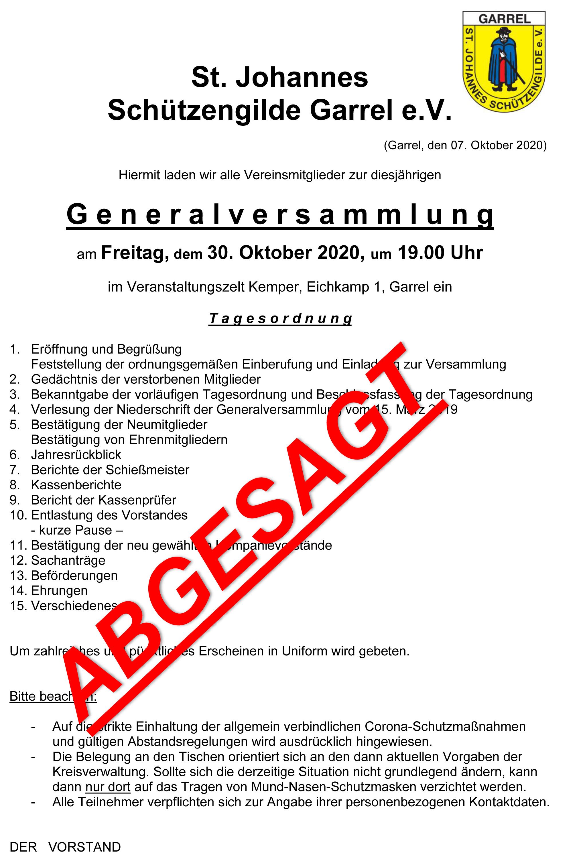 2020 10 30 Generalversammlung abgesagt